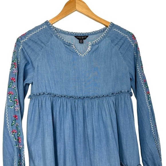 Lucky Brand Girls Embroidered Cotton Dress Sz Large (12/14) Blue Long Sleeve - Picture 3 of 8